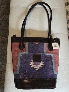 NWT Vintage Kilim Handwoven Tapestry Leather-Trim Bucket Bag
